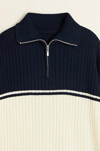 Cardigan côtelé crème pour homme, manches longues, col rabattu avec fermeture éclair 1/4, coupe classique, 100 % coton, idéal pour l'automne - Product Image 3