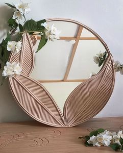 Miroir mural décoratif à double motif de feuilles, en rotin, pour chambre d'enfant, style naturel, miroir artisanal en osier, décoration en rotin - Product Image 3