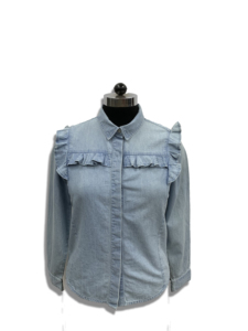 Camisa de Mezclilla Azul Claro para Mujer con Volantes, Cuello Camisero, Manga Larga, Informal, para Primavera y Verano, Uso Diario, Corte Regular - Product Image 1
