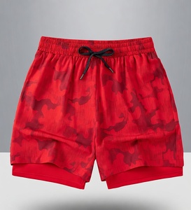 Men's Red Camouflage Print Quick Dry Sport Shorts with Drawstring Closure <b>Mid</b> Waist Short Length - Product Image 1