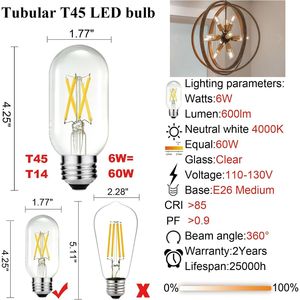 Lampadina LED E26 Dimmerabile 6W Equivalente, Bianco Neutro 4000K, AC120V, 600lm, Tubolare T14 T45, LED 60 Watt Stile Edison - Product Image 4