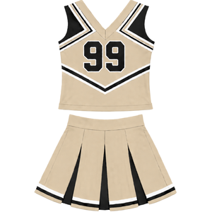 Ensemble d'uniforme de cheerleading beige, noir et blanc, avec crop top sans manches à col en V et jupe plissée, pour spectacle de danse et équipe de cheerleading - Product Image 2
