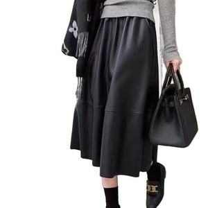 Jupe longue en similicuir PU pour femme, taille haute, mi-longue, avec poches, vente en gros - Product Image 1