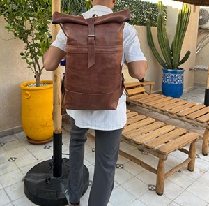 New Design 2026 Leather <b>Roll</b> Top <b>Backpack</b> Modern Style Rucksack For New Season Wholesale Travel Bag LRTB-0169 - Product Image 5