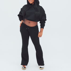 Women's Gray Two Piece Tracksuit Set <b>Crop</b> Top With Half <b>Zip</b> And Flare Pants Solid Color Casual Loose Fit Style - Product Image 3