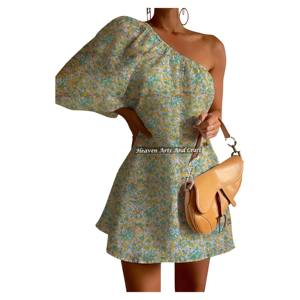 Nouvelle Robe en Coton Imprimée à la Main, Style Élégant pour Mariages et Fêtes Estivales, Tendance, à une Épaule et Manches Bouffantes, Idéale pour Tenues Décontractées - Product Image 5