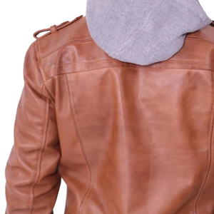 Blouson moto d'hiver pour homme en cuir d'agneau véritable marron, style décontracté, avec fermeture éclair gaufrée, imperméable, à capuche, tissu ODM - Product Image 3