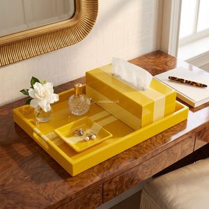 Yellow Acrylic Rectangular Decorative Tray with Tissue Box Cover Minimalist Design Handle Feature - Product Image 4