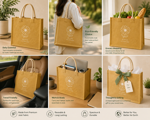 กระเป๋าช้อปปิ้งผ้าปอกระเจา ขนาดกลาง สีเหลือง ลายดอกเดซี่ จงรักธรรมชาติ หูหิ้วเชือก ปิดด้วยซิป ใช้ได้ทุกวัน - Product Image 4