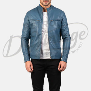 Chaqueta de cuero azul pizarra para hombre, corte ajustado, piel de oveja auténtica, abrigo informal de otoño e invierno, estilo motociclista, con cuello de banda y cierre de cremallera. - Product Image 4