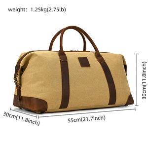 Canvas Heavy Duty Duffle Bag with Brown Leather Handles and Zipper Closure Customizable for Outdoor Travel and Weekend Use - Product Image 3