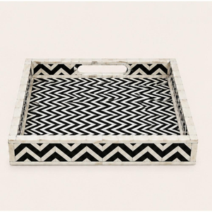 Plateau en nacre géométrique avec incrustation d'os, motif chevron noir et blanc, plateau décoratif en nacre pour table basse - Product Image 3
