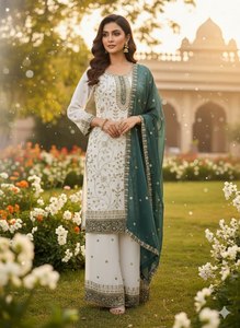 Costume en faux georgette brodé pour mariage et soirée avec pantalon palazzo à jambes larges - Product Image 4