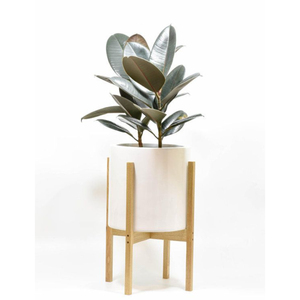 Pot de fleurs blanc moderne avec support en bois massif naturel, pot de fleurs rond minimaliste d'intérieur avec support en bois surélevé pour la décoration de la maison - Product Image 1