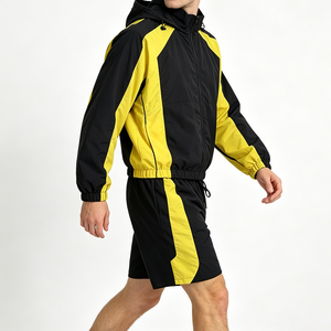 Men's Contrast Panel Windbreaker Jacket and Shorts Set Lightweight Hooded Training Activewear - Product Image 5