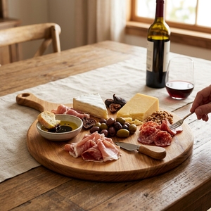 Planche à pizza ronde en bois de teck naturel, planche à découper, plateau de service pour charcuterie, avec poignée en cuir et trou de suspension - Product Image 5