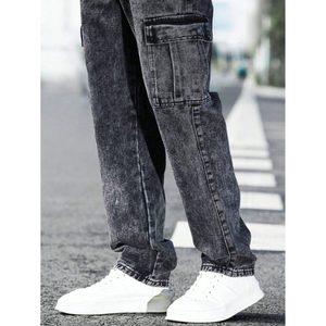 Jean cargo en denim gris anthracite pour homme, style rétro vintage moderne multipoches, 100% coton, écologique, automne-hiver - Product Image 3