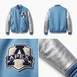 Veste universitaire personnalisée en laine bleu clair avec manches argentées, patch brodé et boutons-pression, style universitaire - Product Image 5