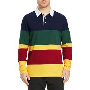 Polo de Manga Larga a Rayas para Hombre, Cuello Camisero, Bloques de Color, Algodón, Corte Regular, Todas las Temporadas - Product Image 1