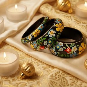 Bracelets à motif floral pour femmes, ensemble de bracelets vintage en résine acrylique, bijoux cadeau, style ethnique indien traditionnel, lot de 3 - Product Image 1
