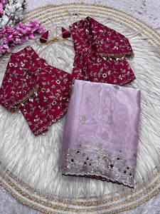 Sari en soie de créateur exclusif, élégant, avec chemisier chic, tendance, ethnique, dernier cri, pour mariée, indien, modeste, pour soirée, pour femme - Product Image 5