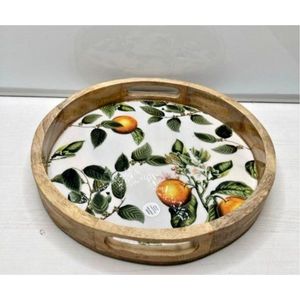 Plateau de service rond en bois de manguier fait main avec motif agrumes imprimé en émail, plateau décoratif en bois pour table basse avec poignées - Product Image 1
