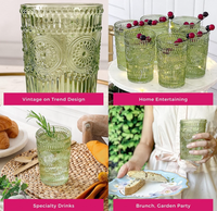 Gelas Minum Hijau Bergaris Vintage, Hijau Sage, Motif Bunga Matahari Timbul Mewah, Dapat Digunakan Kembali, Kapasitas Besar, Aman untuk Mesin Cuci Piring dan Microwave