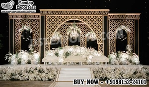 ซุ้มโลหะตัดเลเซอร์ระดับพรีเมียมสำหรับตกแต่งเวทีงานแต่งงาน สไตล์อาหรับ ฉากหลังโลหะตัดเลเซอร์สำหรับงานวัลิมา ซุ้มโค้งสีทองทันสมัย - Product Image 2