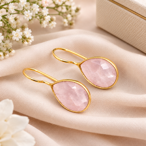 Rose Quartz Bezel <b>Set</b> Dangle Earring - Handmade Gold Plated Teardrop Earring <b>Gift</b> For <b>Woman</b> - Product Image 4