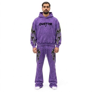 Men's Eco-Friendly Reversible Heavyweight 100% Cotton <b>Purple</b> <b>Tie</b> Dye Hooded Tracksuit Set Flame Print Streetwear Full Length - Product Image 1