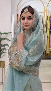 Robe de mariée élégante en soie bleu clair brodée, style indien et pakistanais, avec voile et parure de bijoux pour femme, longueur ras du sol, toutes saisons - Product Image 2