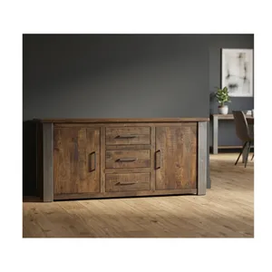 Industrial Solid Wood Sideboard 3 <b>Drawer</b> 2 Door Buffet <b>Cabinet</b> Rustic Iron <b>Metal</b> Frame Living Room Storage Credenza - Product Image 2