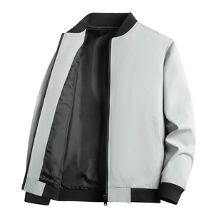 Chaqueta Bomber de PU Gris Claro para Hombre, Corte Regular, Cierre de Cremallera, Cuello Camisero, Color Sólido, Estilo Casual, Ropa de Otoño - Product Image 1