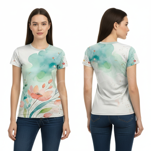 ผู้ผลิตเสื้อผ้าสตรี รับออกแบบลายซับลิเมชั่น เสื้อยืดออกกำลังกายแห้งเร็ว แขนสั้น ยืดหยุ่นได้ สำหรับโยคะและฟิตเนส รับผลิตแบบ OEM - Product Image 3