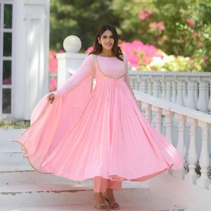 Salwar Kameez de Seda Vichitra NC Pesada de Georgette Moderno con Perlas Royal Radiance Dori Anarkali para Mujer - Ropa de Fiesta y Boda de Secado Rápido - Product Image 1