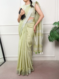 Sari Tradicional Indio de Lino con Tejido Zari para Uso Casual y Eventos Festivos, Atuendo Moderno y Elegante para Mujer - Product Image 1