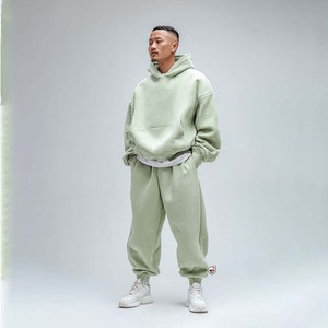 Mens Pink Hooded Tracksuits Set Full Sleeves Loose Fit Solid Color Casual Autumn Wear 100% Cotton Breathable Drawstring Closure - Product Image 2