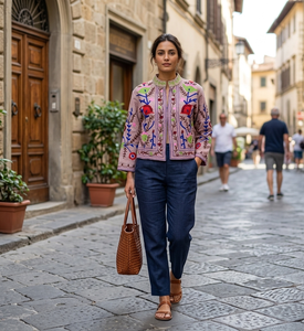 Chaqueta Corta de Invierno para Mujer, con Cuello Mao, Manga Larga, Tejido de Punto con Apliques Florales Bordados a Mano en Terciopelo de Algodón, Estilo Boho - Product Image 2