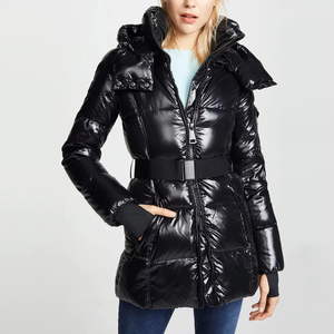 Women's Quilted Jacket <b>Black</b> Stand Collar Full Sleeve Winter Polyester Wadding Zipper Closure Adjustable Waist - Product Image 5