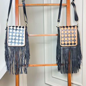 Custom Wholesale OEM 2025 New Checkerboard Design Hand Tooled Leather Fringe Handbags for Women's Genuine Leather Crossbody Bags - Product Image 5