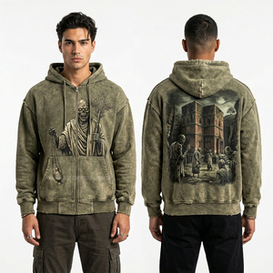 Sudadera con capucha para hombre, morado ciruela, con cremallera completa, lavado vintage, estampado gráfico de esqueleto de viñedo, estilo streetwear, fabricante personalizado, chaqueta oversize - Product Image 5