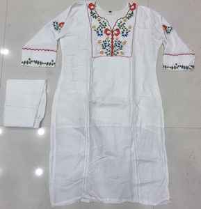 <b>Women</b> Traditional Cotton <b>Kurta</b> Pant Set White Embroidered Casual Wear India Pakistan Regular Fit Knee Length All Seasons - Product Image 4