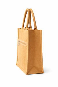 Eco Friendly Jute Tote <b>Bag</b> with Rope Handle Front Zipper Pocket <b>Reusable</b> Shopping Handbag and Steel Puller - Product Image 4