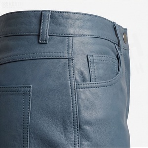 Jupe crayon en cuir PU taille haute pour femme, bleu uni, longueur genou, avec fente avant, toutes saisons - Product Image 6