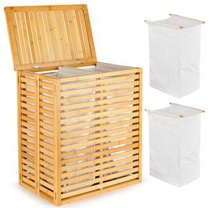 Bamboo <b>Foldable</b> Laundry Hamper with 2 Section Removable Liner Bag Space-Saving 2-Section Sorter <b>Basket</b> - Product Image 1