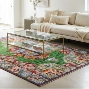 Tapis rectangulaire Oriental Medallion, vert et rouge, motif floral, noué à la main, en laine et polyester, poils moyens, avec envers antidérapant en caoutchouc - Product Image 5
