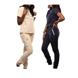 Ensemble de blouses médicales haut de gamme pour femmes, blanc et bleu marine, col en V, manches courtes, pantalon uniforme, tenue d'hôpital, coton et polyester tissé - Product Image 4