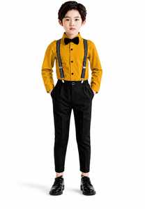 Vêtements pour enfants de marque, chemise boutonnée pour garçons avec pantalon noir classique et ensemble de bretelles rayées - Product Image 2