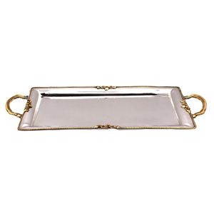 Plateau de service rectangulaire en métal avec motif floral, finition polie, poignée pour usage résidentiel - Product Image 1