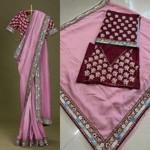 DESIGNER TABBY <b>ORGANZA</b> <b>SILK</b> EMBROIDERY SEQUENCE WORK LACE BORDER SAREE WITH UNSTTICHED BLOUSE - Product Image 5